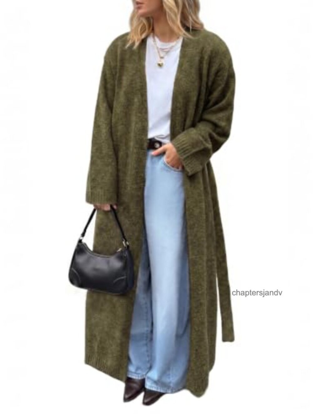 Women's Oversized Long Cardigan Sweater Open Front Belted Knit